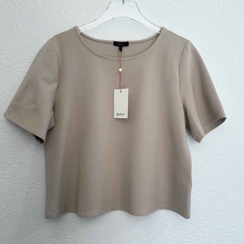 Quince Ultra-Stretch Ponte Short Sleeve Top Women Large Ecru Minimalist NWT